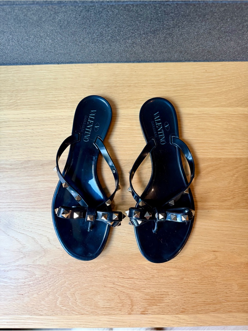Valentino Black Jelly Bow Thong Sandals with Silver Pyramid Studs